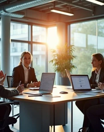 Ein hell erleuchtetes, modernes Büro mit engagierten Fachleuten im Gespräch, die bei natürlichem Tageslicht vor großen Bildschirmen die Zukunft der KI mit kritischem Interesse und positiver Energie erkunden.