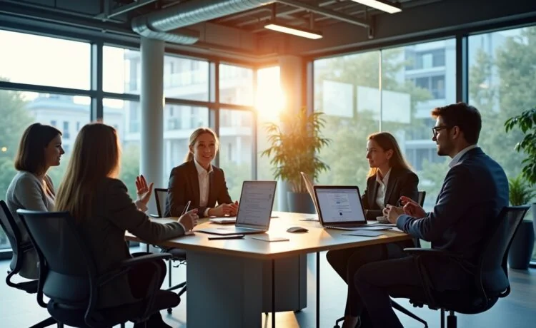 Ein hell erleuchtetes, modernes Büro mit engagierten Fachleuten im Gespräch, die bei natürlichem Tageslicht vor großen Bildschirmen die Zukunft der KI mit kritischem Interesse und positiver Energie erkunden.