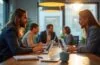 Ein modernes, lichtdurchflutetes Büro mit einem entspannten Team in lebhafter Diskussion vor Laptops und digitalen Displays, das die alltägliche Balance zwischen KI-Unterstützung und menschlicher Zusammenarbeit in der Arbeitswelt warm und authentisch einfängt.