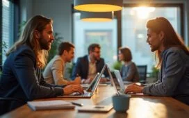 Ein modernes, lichtdurchflutetes Büro mit einem entspannten Team in lebhafter Diskussion vor Laptops und digitalen Displays, das die alltägliche Balance zwischen KI-Unterstützung und menschlicher Zusammenarbeit in der Arbeitswelt warm und authentisch einfängt.