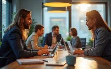 Ein modernes, lichtdurchflutetes Büro mit einem entspannten Team in lebhafter Diskussion vor Laptops und digitalen Displays, das die alltägliche Balance zwischen KI-Unterstützung und menschlicher Zusammenarbeit in der Arbeitswelt warm und authentisch einfängt.