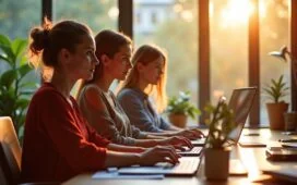 Ein hell erleuchtetes, modernes Büro mit entspannten Webdesignerinnen und Webdesignern, die konzentriert gemeinsam an einem Laptop arbeiten, während warme Sonnenstrahlen durch große Fenster fließen und die innovative Atmosphäre der KI-gestützten Webseitenerstellung spürbar machen.