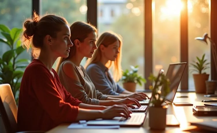 Ein hell erleuchtetes, modernes Büro mit entspannten Webdesignerinnen und Webdesignern, die konzentriert gemeinsam an einem Laptop arbeiten, während warme Sonnenstrahlen durch große Fenster fließen und die innovative Atmosphäre der KI-gestützten Webseitenerstellung spürbar machen.