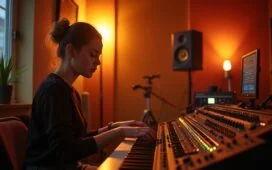 Ein warm erleuchtetes Tonstudio mit einer jungen Musikerin, die konzentriert am Mischpult arbeitet, umgeben von modernen Instrumenten und subtilen KI-Symbolen in Form abstrakter Lichtreflexionen, die die spannende Verbindung von menschlicher Kreativität und künstlicher Intelligenz in der Musikbranche widerspiegeln.