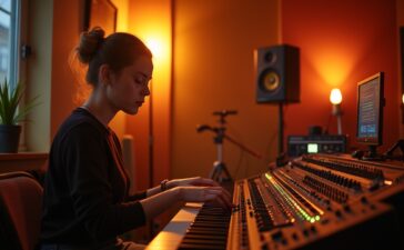 Ein warm erleuchtetes Tonstudio mit einer jungen Musikerin, die konzentriert am Mischpult arbeitet, umgeben von modernen Instrumenten und subtilen KI-Symbolen in Form abstrakter Lichtreflexionen, die die spannende Verbindung von menschlicher Kreativität und künstlicher Intelligenz in der Musikbranche widerspiegeln.