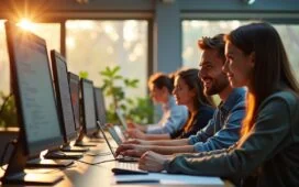 Ein einfühlsames, natürlich beleuchtetes Porträt eines jungen Entwicklerteams in einem modernen Büro, das konzentriert vor ihren Bildschirmen an KI-gestützter Software arbeitet, umgeben von hellen Holzmöbeln und großen Fenstern, die warmes Tageslicht hereinlassen und eine Atmosphäre von Fortschritt, Zusammenarbeit und optimistischer Innovation schaffen.