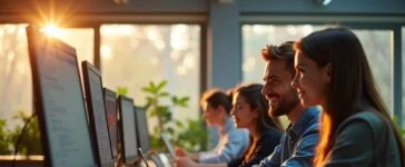 Ein einfühlsames, natürlich beleuchtetes Porträt eines jungen Entwicklerteams in einem modernen Büro, das konzentriert vor ihren Bildschirmen an KI-gestützter Software arbeitet, umgeben von hellen Holzmöbeln und großen Fenstern, die warmes Tageslicht hereinlassen und eine Atmosphäre von Fortschritt, Zusammenarbeit und optimistischer Innovation schaffen.