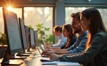 Ein einfühlsames, natürlich beleuchtetes Porträt eines jungen Entwicklerteams in einem modernen Büro, das konzentriert vor ihren Bildschirmen an KI-gestützter Software arbeitet, umgeben von hellen Holzmöbeln und großen Fenstern, die warmes Tageslicht hereinlassen und eine Atmosphäre von Fortschritt, Zusammenarbeit und optimistischer Innovation schaffen.