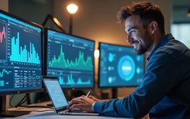 Ein hell erleuchteter, moderner Büroarbeitsplatz mit mehreren Bildschirmen, die komplexe Daten und KI-Diagramme in natürlichem Tageslicht zeigen, während ein konzentrierter IT-Sicherheitsexperte mit freundlichem Lächeln und entspannter Haltung an seinem Laptop arbeitet und so die vertrauensvolle Balance zwischen Technologie und menschlicher Kontrolle symbolisiert.