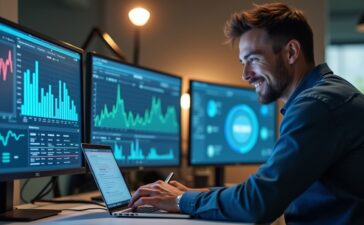 Ein hell erleuchteter, moderner Büroarbeitsplatz mit mehreren Bildschirmen, die komplexe Daten und KI-Diagramme in natürlichem Tageslicht zeigen, während ein konzentrierter IT-Sicherheitsexperte mit freundlichem Lächeln und entspannter Haltung an seinem Laptop arbeitet und so die vertrauensvolle Balance zwischen Technologie und menschlicher Kontrolle symbolisiert.