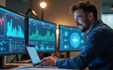 Ein hell erleuchteter, moderner Büroarbeitsplatz mit mehreren Bildschirmen, die komplexe Daten und KI-Diagramme in natürlichem Tageslicht zeigen, während ein konzentrierter IT-Sicherheitsexperte mit freundlichem Lächeln und entspannter Haltung an seinem Laptop arbeitet und so die vertrauensvolle Balance zwischen Technologie und menschlicher Kontrolle symbolisiert.