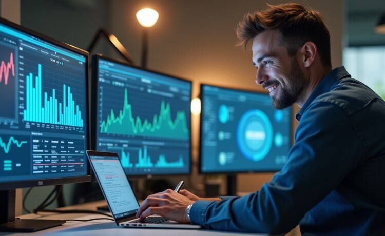 Ein hell erleuchteter, moderner Büroarbeitsplatz mit mehreren Bildschirmen, die komplexe Daten und KI-Diagramme in natürlichem Tageslicht zeigen, während ein konzentrierter IT-Sicherheitsexperte mit freundlichem Lächeln und entspannter Haltung an seinem Laptop arbeitet und so die vertrauensvolle Balance zwischen Technologie und menschlicher Kontrolle symbolisiert.