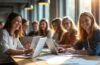 Ein lebendiges, natürlich sonnendurchflutetes Foto zeigt eine vielfältige Gruppe engagierter Gründer:innen in einem modernen, offenen Coworking-Space einer mittelgroßen deutschen Stadt, die mit freundlichen Gesichtern kreativ an Laptops und Skizzen arbeiten und so den aufblühenden KI-Startup-Boom abseits der Metropolen lebendig widerspiegeln.