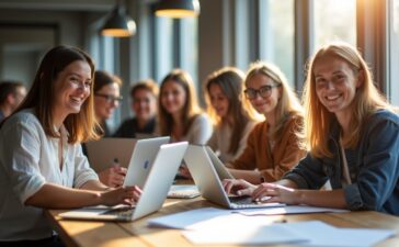 Ein lebendiges, natürlich sonnendurchflutetes Foto zeigt eine vielfältige Gruppe engagierter Gründer:innen in einem modernen, offenen Coworking-Space einer mittelgroßen deutschen Stadt, die mit freundlichen Gesichtern kreativ an Laptops und Skizzen arbeiten und so den aufblühenden KI-Startup-Boom abseits der Metropolen lebendig widerspiegeln.
