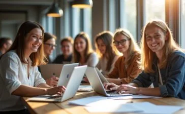 Ein lebendiges, natürlich sonnendurchflutetes Foto zeigt eine vielfältige Gruppe engagierter Gründer:innen in einem modernen, offenen Coworking-Space einer mittelgroßen deutschen Stadt, die mit freundlichen Gesichtern kreativ an Laptops und Skizzen arbeiten und so den aufblühenden KI-Startup-Boom abseits der Metropolen lebendig widerspiegeln.