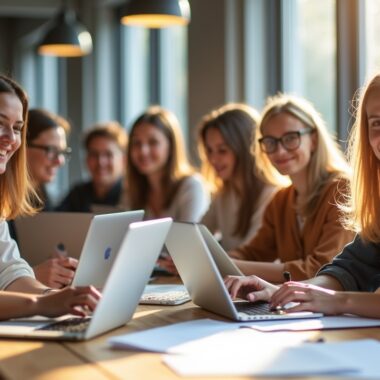 Ein lebendiges, natürlich sonnendurchflutetes Foto zeigt eine vielfältige Gruppe engagierter Gründer:innen in einem modernen, offenen Coworking-Space einer mittelgroßen deutschen Stadt, die mit freundlichen Gesichtern kreativ an Laptops und Skizzen arbeiten und so den aufblühenden KI-Startup-Boom abseits der Metropolen lebendig widerspiegeln.