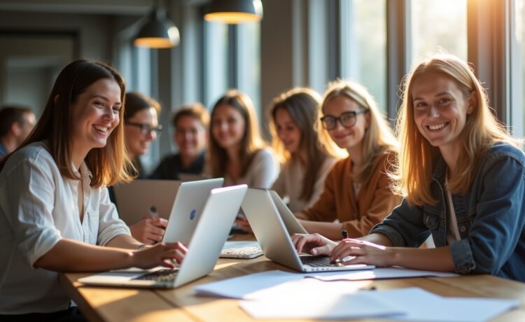 Ein lebendiges, natürlich sonnendurchflutetes Foto zeigt eine vielfältige Gruppe engagierter Gründer:innen in einem modernen, offenen Coworking-Space einer mittelgroßen deutschen Stadt, die mit freundlichen Gesichtern kreativ an Laptops und Skizzen arbeiten und so den aufblühenden KI-Startup-Boom abseits der Metropolen lebendig widerspiegeln.