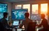 In einem modernen, lichtdurchfluteten Büro arbeiten engagierte Mitarbeitende konzentriert an Bildschirmen mit komplexen Datenvisualisierungen, die eine harmonische Verbindung aus künstlicher Intelligenz und strategischer Resilienz symbolisieren, während warme Sonnenstrahlen den Raum durchfluten und eine optimistische, zukunftsorientierte Atmosphäre schaffen.