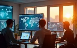 In einem modernen, lichtdurchfluteten Büro arbeiten engagierte Mitarbeitende konzentriert an Bildschirmen mit komplexen Datenvisualisierungen, die eine harmonische Verbindung aus künstlicher Intelligenz und strategischer Resilienz symbolisieren, während warme Sonnenstrahlen den Raum durchfluten und eine optimistische, zukunftsorientierte Atmosphäre schaffen.