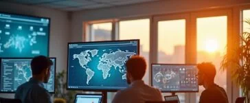 In einem modernen, lichtdurchfluteten Büro arbeiten engagierte Mitarbeitende konzentriert an Bildschirmen mit komplexen Datenvisualisierungen, die eine harmonische Verbindung aus künstlicher Intelligenz und strategischer Resilienz symbolisieren, während warme Sonnenstrahlen den Raum durchfluten und eine optimistische, zukunftsorientierte Atmosphäre schaffen.