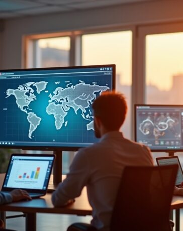 In einem modernen, lichtdurchfluteten Büro arbeiten engagierte Mitarbeitende konzentriert an Bildschirmen mit komplexen Datenvisualisierungen, die eine harmonische Verbindung aus künstlicher Intelligenz und strategischer Resilienz symbolisieren, während warme Sonnenstrahlen den Raum durchfluten und eine optimistische, zukunftsorientierte Atmosphäre schaffen.