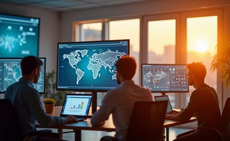 In einem modernen, lichtdurchfluteten Büro arbeiten engagierte Mitarbeitende konzentriert an Bildschirmen mit komplexen Datenvisualisierungen, die eine harmonische Verbindung aus künstlicher Intelligenz und strategischer Resilienz symbolisieren, während warme Sonnenstrahlen den Raum durchfluten und eine optimistische, zukunftsorientierte Atmosphäre schaffen.