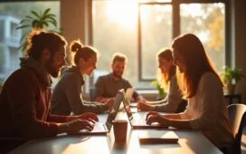 Ein modernes, hell erleuchtetes Büro mit lächelnden Entwicklern in entspannter Atmosphäre, die an Laptops arbeiten und dabei gemeinschaftlich innovative Web-App-Lösungen planen, während warmes Tageslicht durch große Fenster fällt und eine freundliche, kreative Stimmung vermittelt.