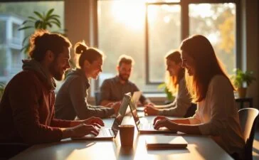 Ein modernes, hell erleuchtetes Büro mit lächelnden Entwicklern in entspannter Atmosphäre, die an Laptops arbeiten und dabei gemeinschaftlich innovative Web-App-Lösungen planen, während warmes Tageslicht durch große Fenster fällt und eine freundliche, kreative Stimmung vermittelt.