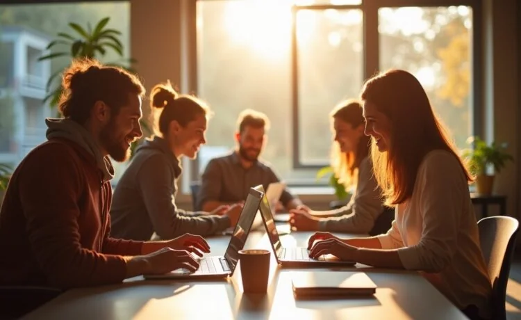 Ein modernes, hell erleuchtetes Büro mit lächelnden Entwicklern in entspannter Atmosphäre, die an Laptops arbeiten und dabei gemeinschaftlich innovative Web-App-Lösungen planen, während warmes Tageslicht durch große Fenster fällt und eine freundliche, kreative Stimmung vermittelt.