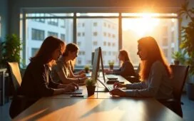 Ein strahlend helles, cineastisch ausgeleuchtetes Büro mit konzentrierten Entwickler:innen, die in freundlicher Atmosphäre gemeinsam an Bildschirmen arbeiten und lebhaft moderne Kotlin-Codezeilen diskutieren, während sanftes Tageslicht durch große Fenster fällt und Wärme in den Raum bringt.