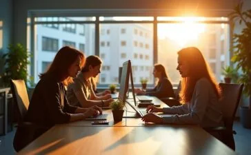 Ein strahlend helles, cineastisch ausgeleuchtetes Büro mit konzentrierten Entwickler:innen, die in freundlicher Atmosphäre gemeinsam an Bildschirmen arbeiten und lebhaft moderne Kotlin-Codezeilen diskutieren, während sanftes Tageslicht durch große Fenster fällt und Wärme in den Raum bringt.