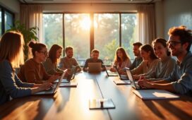 In einem modern gestalteten, hell erleuchteten Konferenzraum sitzen ein vielfältiges Team aus jungen Kreativen entspannt um einen großen Holztisch, ihre Gesichter strahlen kurz inspirierter Offenheit und konzentrierter Freude aus, während sie lebhaft mit digitalen Tablets und offenen Notizbüchern an innovativen Ideen arbeiten – die warme, natürliche Tageslichtstimmung unterstreicht die positive Energie eines produktiven Brainstormings mit KI-Unterstützung.