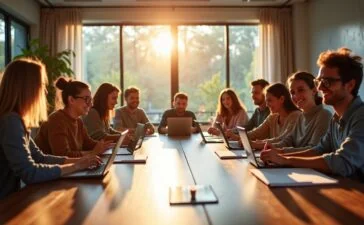 In einem modern gestalteten, hell erleuchteten Konferenzraum sitzen ein vielfältiges Team aus jungen Kreativen entspannt um einen großen Holztisch, ihre Gesichter strahlen kurz inspirierter Offenheit und konzentrierter Freude aus, während sie lebhaft mit digitalen Tablets und offenen Notizbüchern an innovativen Ideen arbeiten – die warme, natürliche Tageslichtstimmung unterstreicht die positive Energie eines produktiven Brainstormings mit KI-Unterstützung.