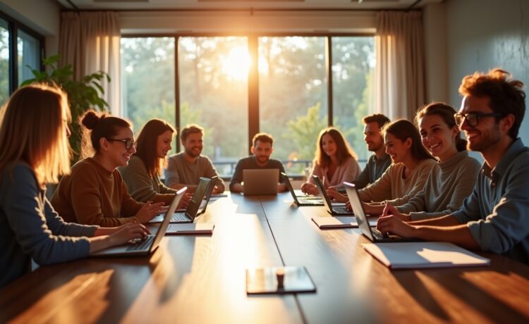 In einem modern gestalteten, hell erleuchteten Konferenzraum sitzen ein vielfältiges Team aus jungen Kreativen entspannt um einen großen Holztisch, ihre Gesichter strahlen kurz inspirierter Offenheit und konzentrierter Freude aus, während sie lebhaft mit digitalen Tablets und offenen Notizbüchern an innovativen Ideen arbeiten – die warme, natürliche Tageslichtstimmung unterstreicht die positive Energie eines produktiven Brainstormings mit KI-Unterstützung.