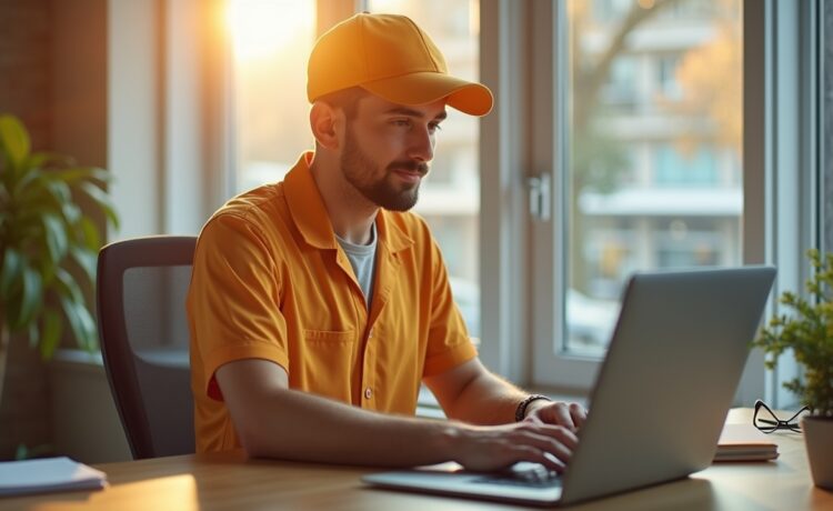 Ein sonnendurchflutetes Büro mit einem konzentrierten jungen Lieferdienst-Mitarbeiter, der an einem Laptop arbeitet, umgeben von moderner Technologie und einem dezenten Hauch von urbaner Lebendigkeit, der die Ambivalenz zwischen innovativer KI-Nutzung und menschlicher Verantwortung einfühlsam einfängt.