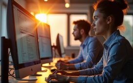 Ein warm beleuchteter, moderner IT-Arbeitsplatz mit konzentrierten Administratoren vor mehreren klaren Monitoren, die durch sanftes Tageslicht in einem offenen Büro strahlen und so die Bedeutung von Netzwerksicherheit und Wachsamkeit eindrucksvoll vermitteln.