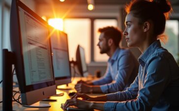 Ein warm beleuchteter, moderner IT-Arbeitsplatz mit konzentrierten Administratoren vor mehreren klaren Monitoren, die durch sanftes Tageslicht in einem offenen Büro strahlen und so die Bedeutung von Netzwerksicherheit und Wachsamkeit eindrucksvoll vermitteln.