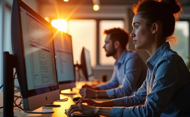 Ein warm beleuchteter, moderner IT-Arbeitsplatz mit konzentrierten Administratoren vor mehreren klaren Monitoren, die durch sanftes Tageslicht in einem offenen Büro strahlen und so die Bedeutung von Netzwerksicherheit und Wachsamkeit eindrucksvoll vermitteln.