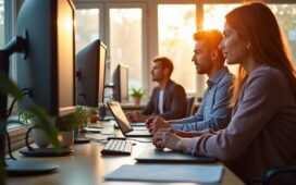 In einem hellen, modern eingerichteten Büro strahlen warmes Tageslicht und freundliche Farben auf ein konzentriertes Expertenteam, das gemeinsam vor Bildschirmen und Tablets die sichere Cloud-Integration kritischer Infrastrukturen bespricht – Atmosphäre von Fortschritt, Vertrauen und technologischer Verantwortung.