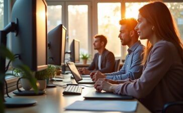 In einem hellen, modern eingerichteten Büro strahlen warmes Tageslicht und freundliche Farben auf ein konzentriertes Expertenteam, das gemeinsam vor Bildschirmen und Tablets die sichere Cloud-Integration kritischer Infrastrukturen bespricht – Atmosphäre von Fortschritt, Vertrauen und technologischer Verantwortung.