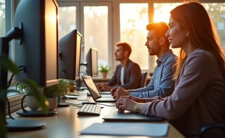 In einem hellen, modern eingerichteten Büro strahlen warmes Tageslicht und freundliche Farben auf ein konzentriertes Expertenteam, das gemeinsam vor Bildschirmen und Tablets die sichere Cloud-Integration kritischer Infrastrukturen bespricht – Atmosphäre von Fortschritt, Vertrauen und technologischer Verantwortung.