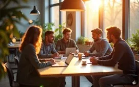 Ein hell erleuchtetes, freundliches Büro mit moderner Technik, an dessen Tisch ein junges Entwicklerteam lebhaft über Kryptowährungen und Webprojekte diskutiert, umgeben von warmem Tageslicht und natürlichen Details, die Innovation und Kooperation ausstrahlen.
