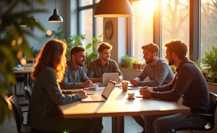 Ein hell erleuchtetes, freundliches Büro mit moderner Technik, an dessen Tisch ein junges Entwicklerteam lebhaft über Kryptowährungen und Webprojekte diskutiert, umgeben von warmem Tageslicht und natürlichen Details, die Innovation und Kooperation ausstrahlen.