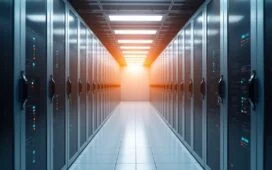 Ein strahlend hell erleuchteter, moderner Serverraum mit sauber angeordneten, glänzenden Racks und dezent integrierten, leise arbeitenden Ventilatoren, dessen warme natürliche Lichtstrahlen ein Gefühl von Innovation, Effizienz und nachhaltiger Zukunftstechnologie vermitteln.