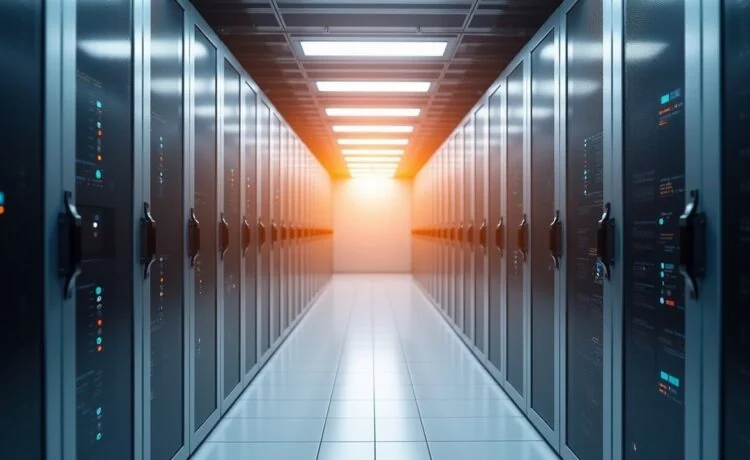 Ein strahlend hell erleuchteter, moderner Serverraum mit sauber angeordneten, glänzenden Racks und dezent integrierten, leise arbeitenden Ventilatoren, dessen warme natürliche Lichtstrahlen ein Gefühl von Innovation, Effizienz und nachhaltiger Zukunftstechnologie vermitteln.