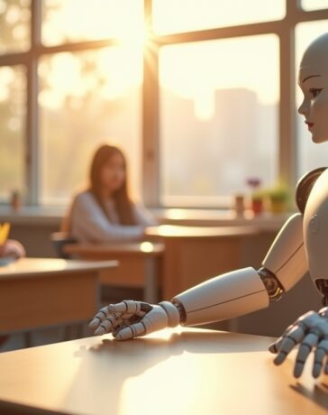 Ein lichtdurchfluteter, moderner Klassenraum in China, in dem ein freundlicher humanoider Roboter mit natürlichen Gesten von einfühlsamen Ausbildern umgeben ist, während im Hintergrund große Fenster warme Sonnenstrahlen hereinlassen und eine Atmosphäre von Fortschritt, Lernen und Mensch-Maschine-Zusammenarbeit schaffen.