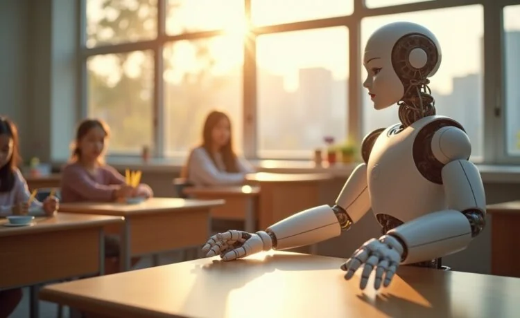 Ein lichtdurchfluteter, moderner Klassenraum in China, in dem ein freundlicher humanoider Roboter mit natürlichen Gesten von einfühlsamen Ausbildern umgeben ist, während im Hintergrund große Fenster warme Sonnenstrahlen hereinlassen und eine Atmosphäre von Fortschritt, Lernen und Mensch-Maschine-Zusammenarbeit schaffen.