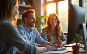 Ein sonnendurchflutetes, modernes Büro mit freundlichen IT-Spezialisten in entspannter Zusammenarbeit vor mehreren Bildschirmen und Server-Equipment, die durch warme, natürliche Lichtstimmung Vertrauen und innovative Technologie in der Cloud-Branche symbolisieren.