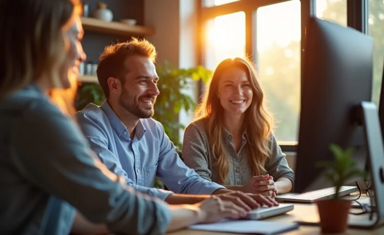 Ein sonnendurchflutetes, modernes Büro mit freundlichen IT-Spezialisten in entspannter Zusammenarbeit vor mehreren Bildschirmen und Server-Equipment, die durch warme, natürliche Lichtstimmung Vertrauen und innovative Technologie in der Cloud-Branche symbolisieren.