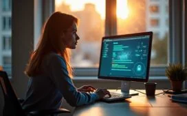 In einem modernen, hell erleuchteten Büro sitzt eine konzentrierte IT-Fachkraft am Laptop, umgeben von warmem Tageslicht und stilvoller Technik, während auf dem Bildschirm dezente Hinweise auf Cybersecurity und digitale Sicherheit erkennbar sind – ein einladendes, authentisches Bild, das Vertrauen und Wachsamkeit im Umgang mit Softwareaktivierungen vermittelt.